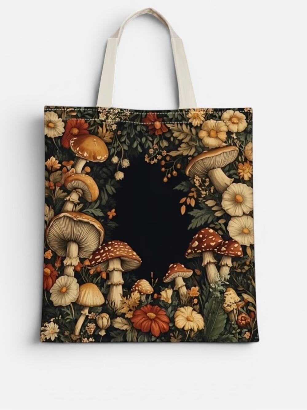 Woodland Mushroom Floral Tote Bag | Cottagecore Canvas Shoulder Bag | Botanical